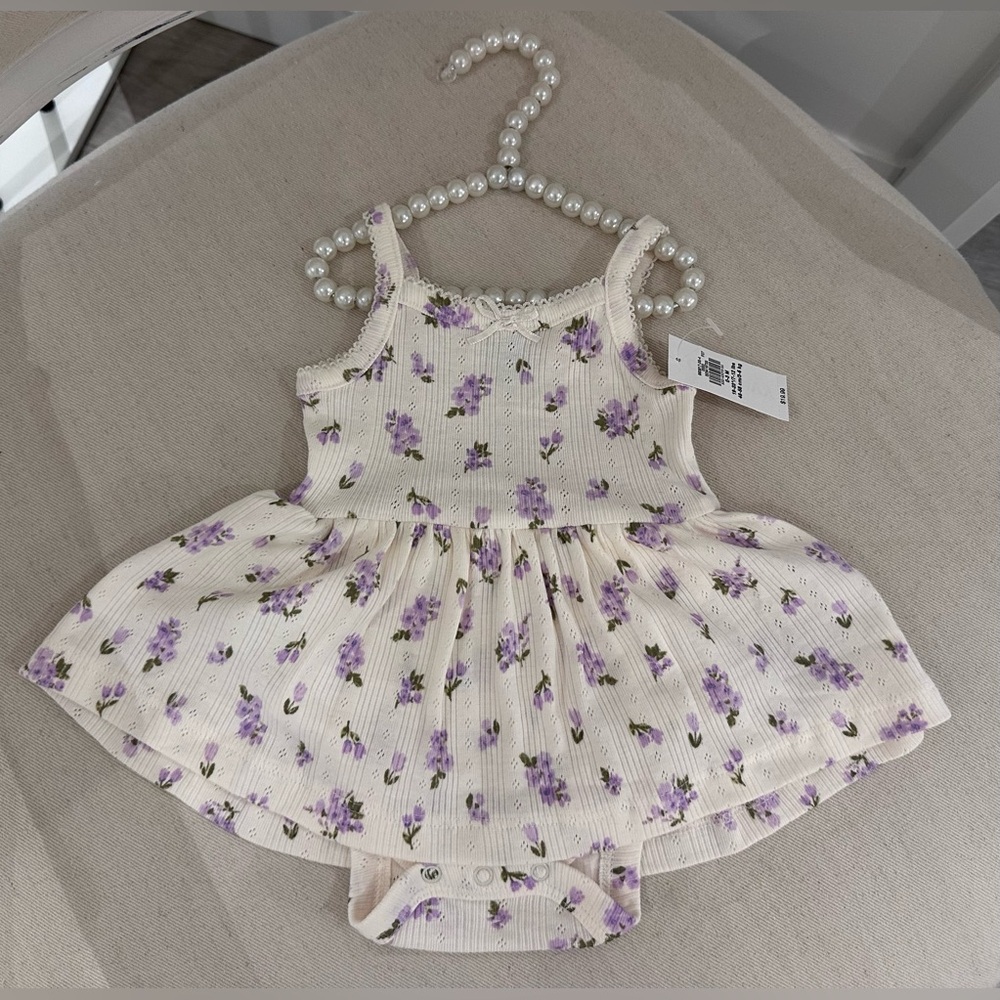 🤍 3~6 Mth Cotton Pointelle Knit Baby Dress Romper with Purple Blossoms & bow NWT